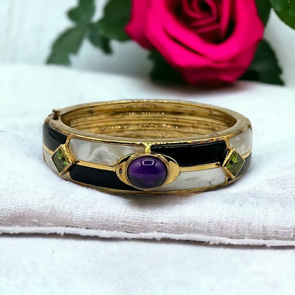 Vintage Kai Yin Lo Kylo 925 Green Purple Gemstones Pearl Inlay Bangle Bracelet